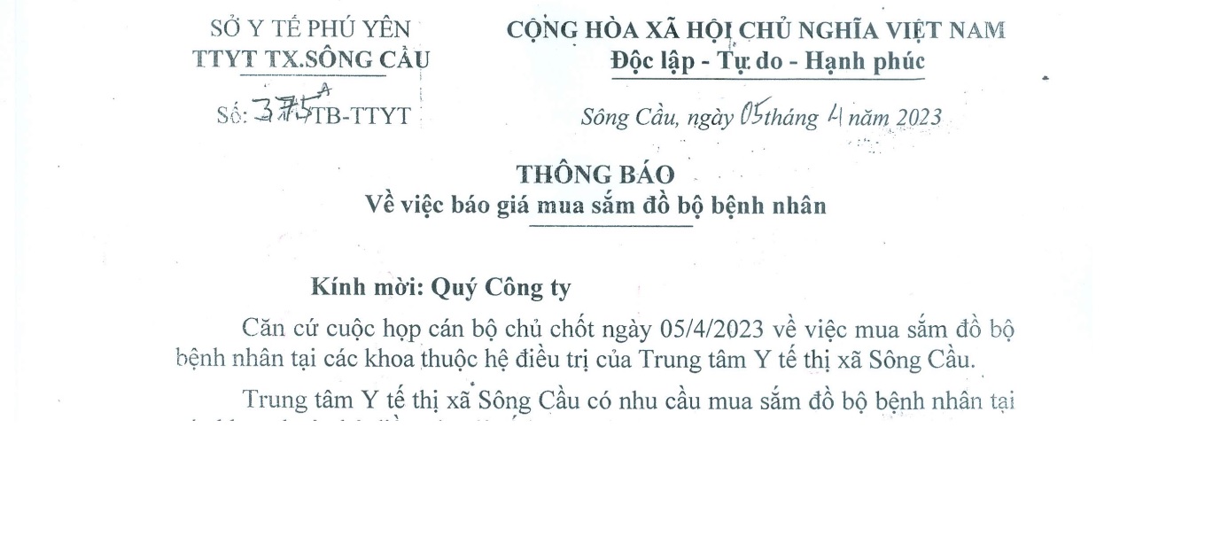Thông báo Về việc báo giá mua sắm đồ bệnh nhân